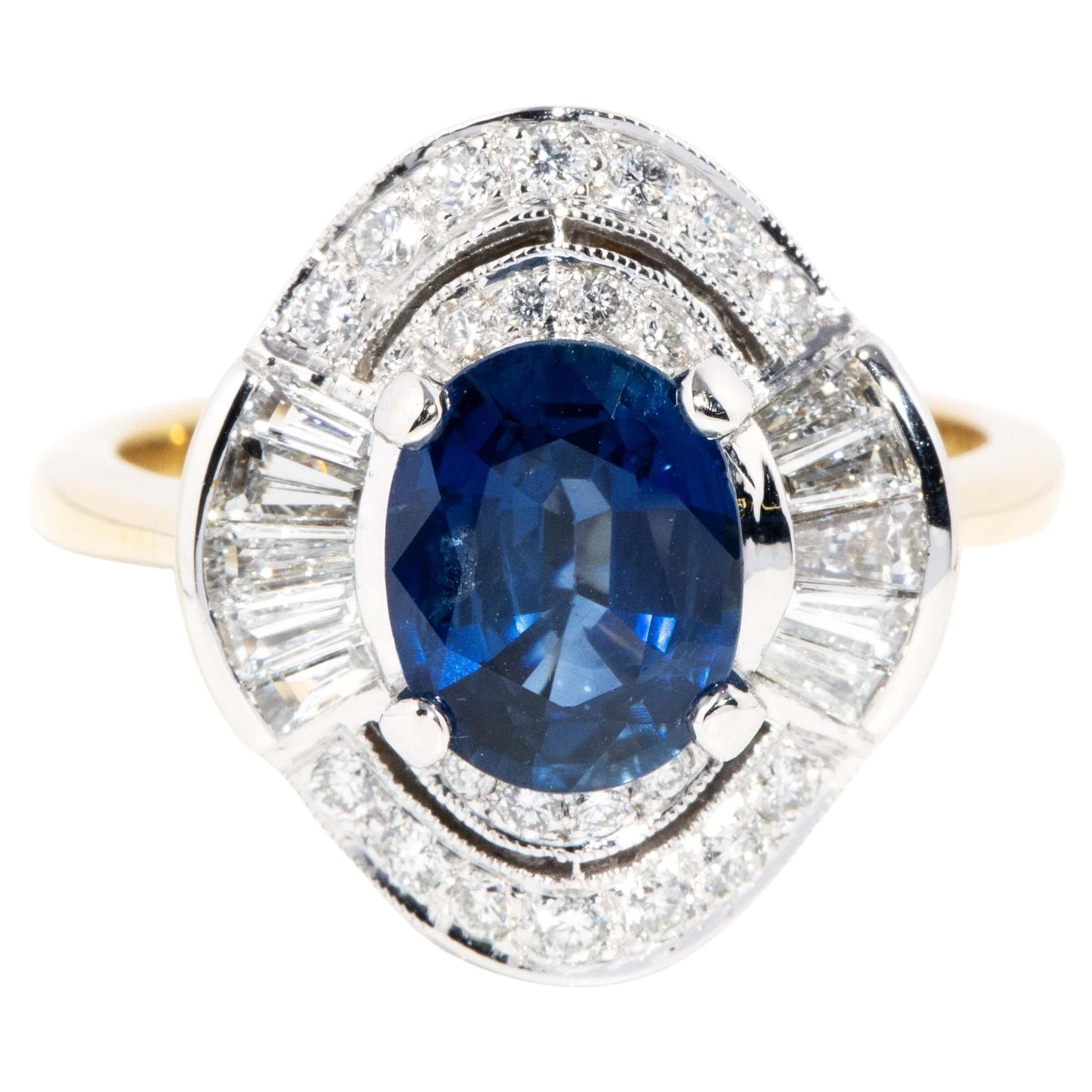 Contemporary Bright Blue Sapphire Diamond Halo Ring 18 Carat White Gold For Sale