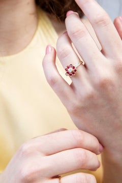 Vintage Inspired Bright Deep Red Ruby & Diamond Cluster Ring 9 Carat Yellow Gold