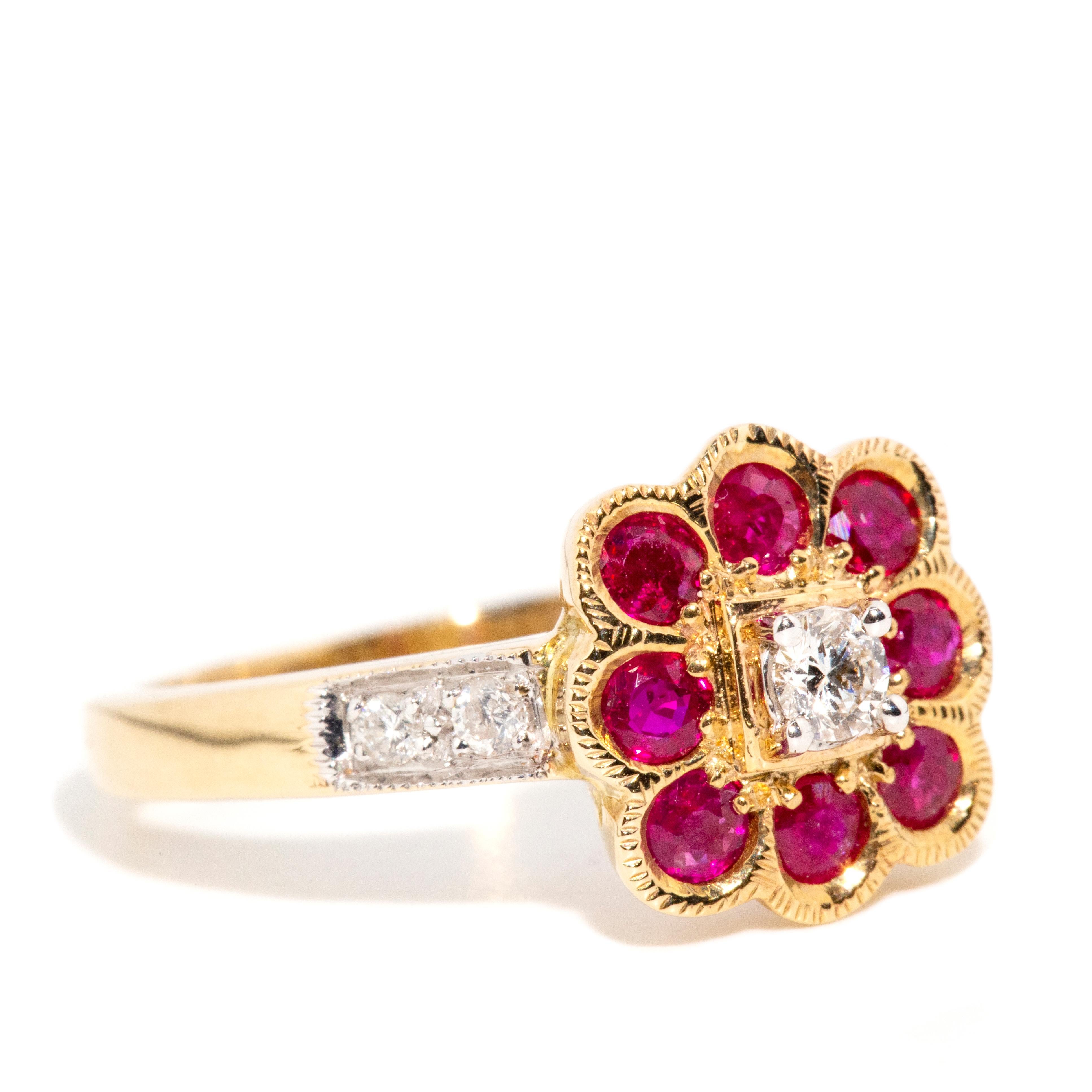 Contemporary Vintage Inspired Bright Deep Red Ruby & Diamond Cluster Ring 9 Carat Yellow Gold For Sale