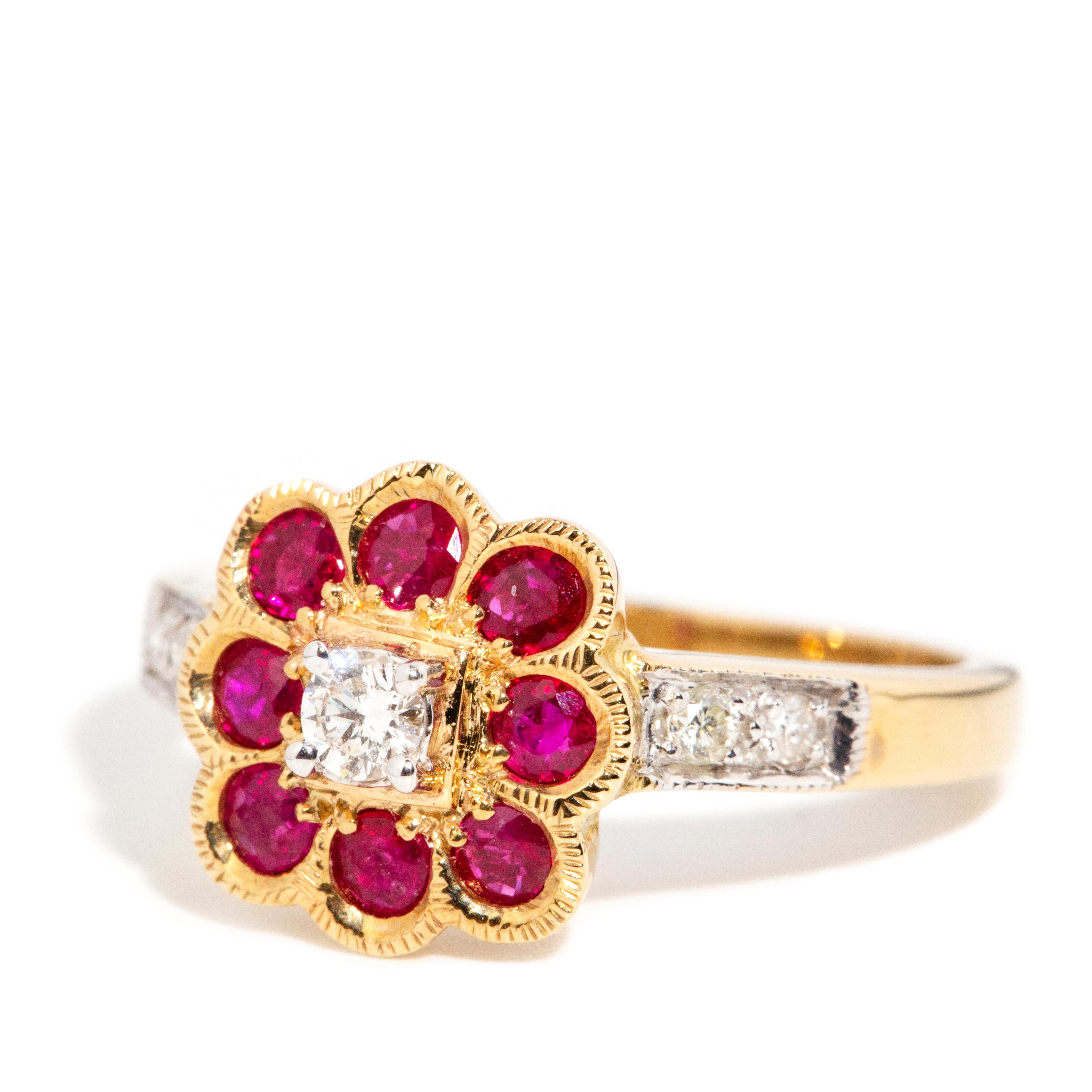 Vintage Inspired Bright Deep Red Ruby & Diamond Cluster Ring 9 Carat Yellow Gold In New Condition For Sale In Hamilton, AU