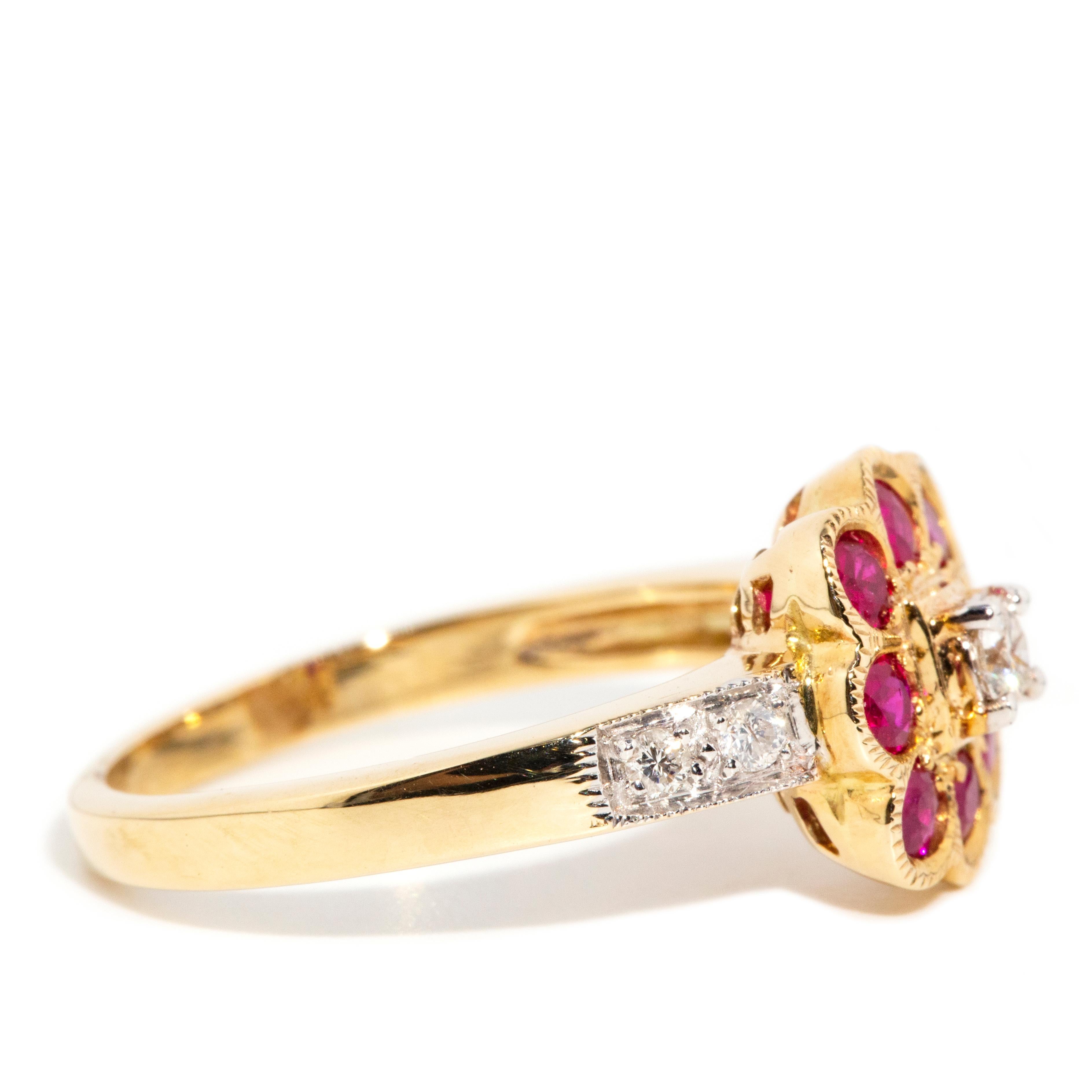 Vintage Inspired Bright Deep Red Ruby & Diamond Cluster Ring 9 Carat Yellow Gold For Sale 1