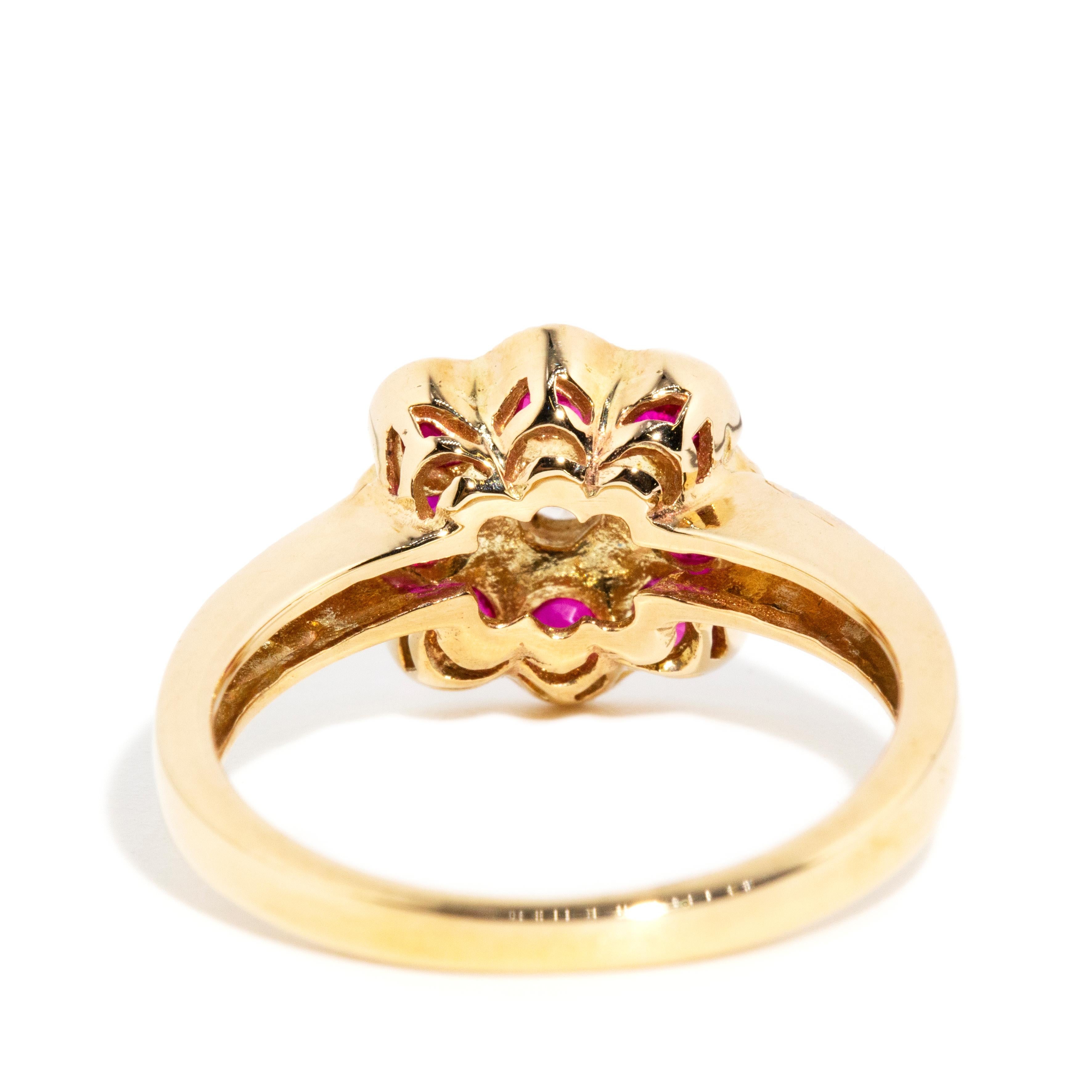 Vintage Inspired Bright Deep Red Ruby & Diamond Cluster Ring 9 Carat Yellow Gold For Sale 3