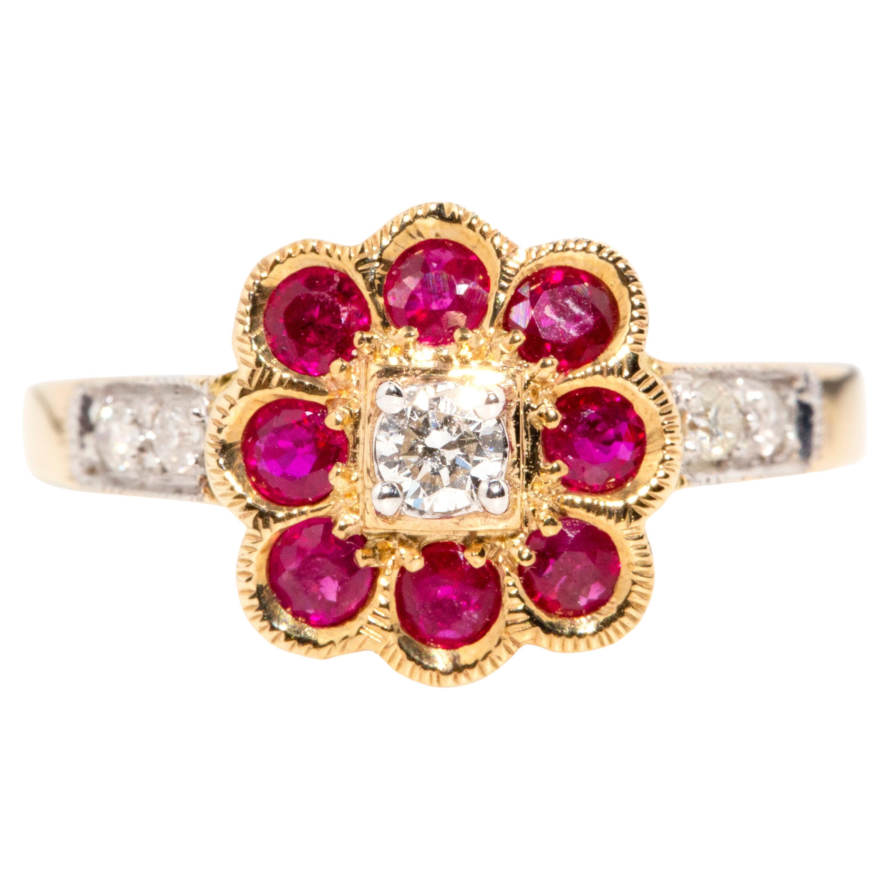 Vintage Inspired Bright Deep Red Ruby & Diamond Cluster Ring 9 Carat Yellow Gold For Sale