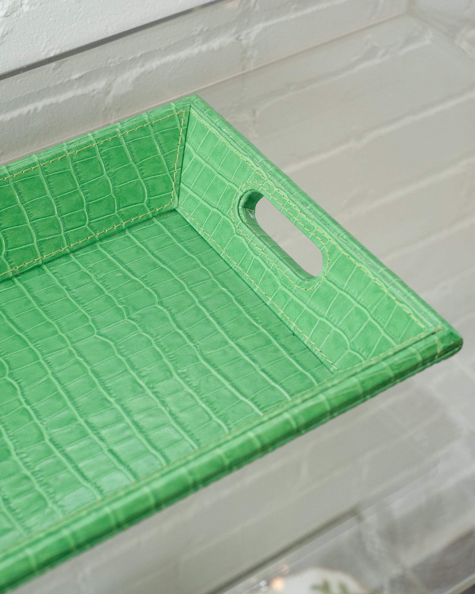 Argentine Contemporary Bright Green Crocodile Embossed Leather Rectangular Tray For Sale