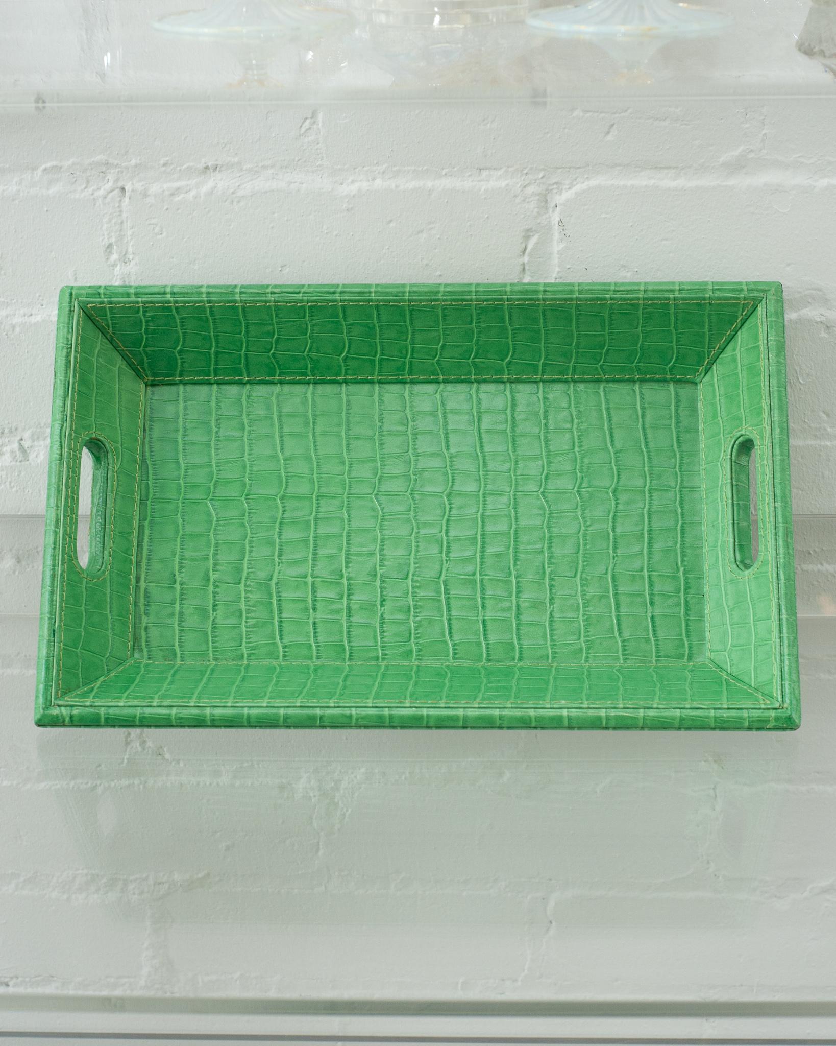 Contemporary Bright Green Crocodile Embossed Leather Rectangular Tray In New Condition For Sale In Toronto, ON