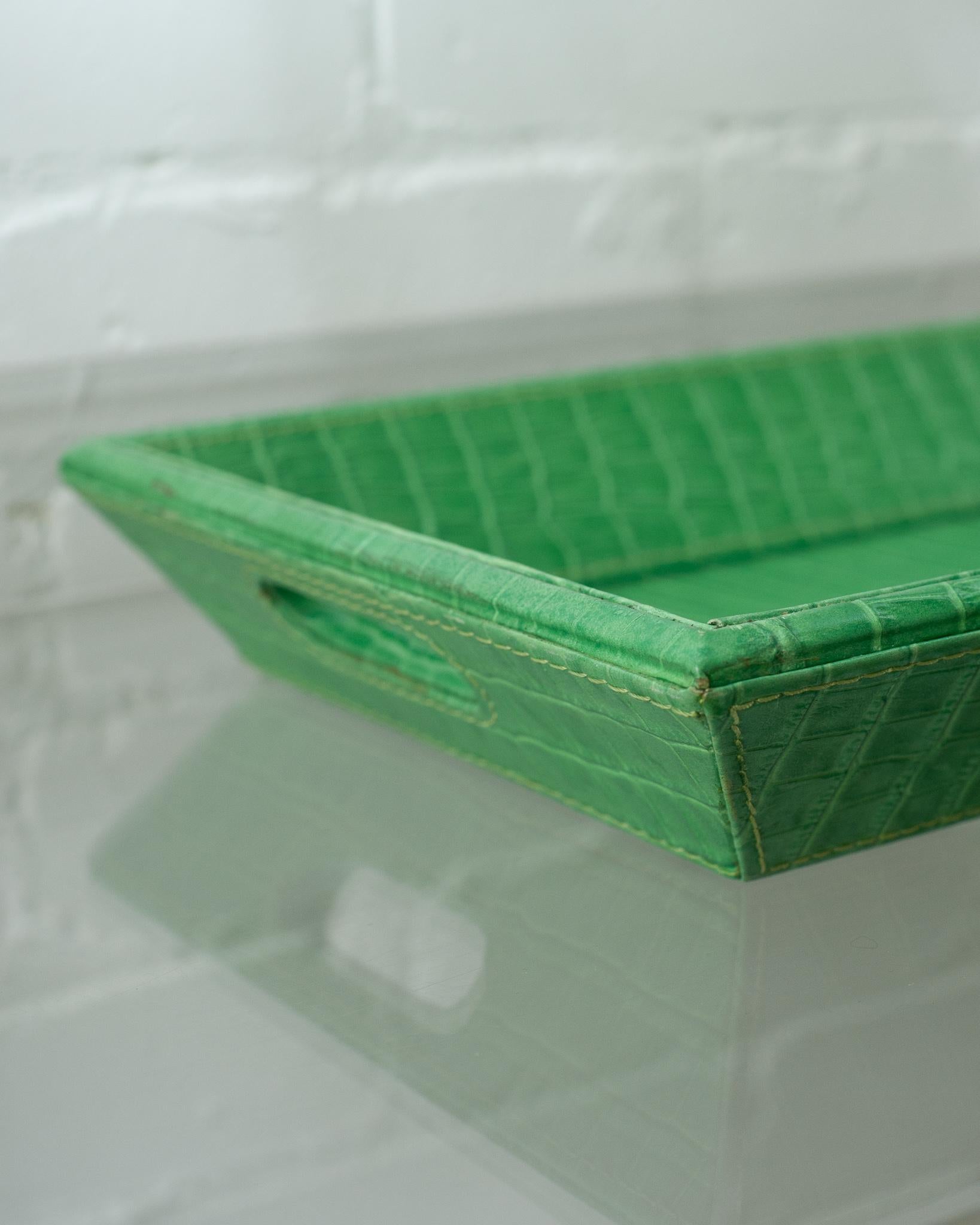 Contemporary Bright Green Crocodile Embossed Leather Rectangular Tray For Sale 1