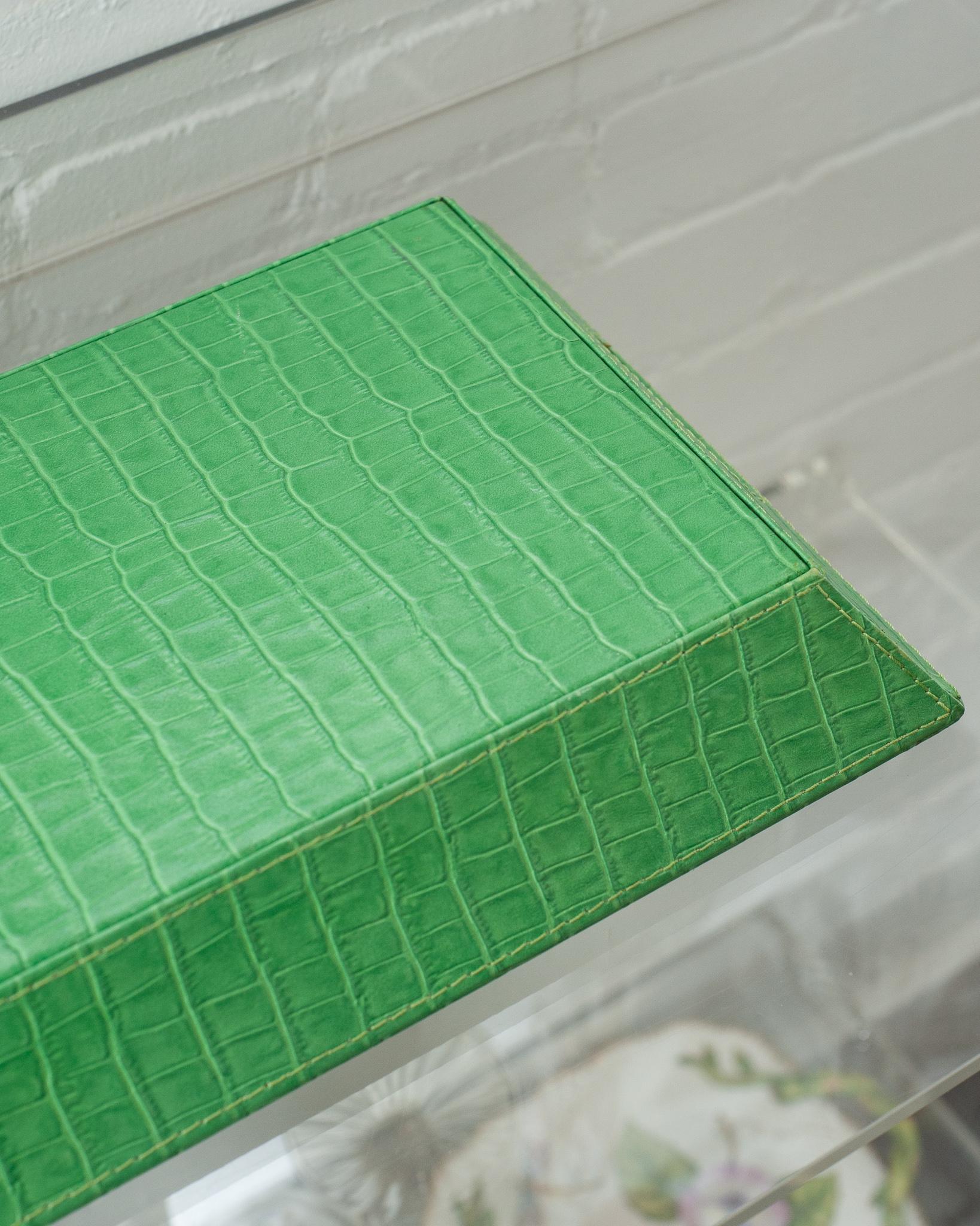 Contemporary Bright Green Crocodile Embossed Leather Rectangular Tray For Sale 2