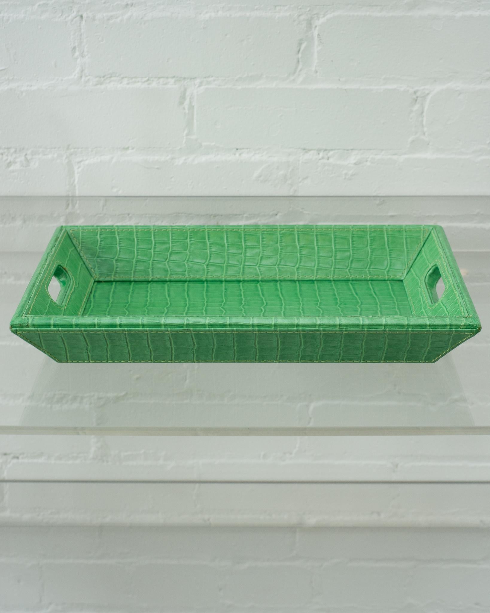 Contemporary Bright Green Crocodile Embossed Leather Rectangular Tray For Sale 3