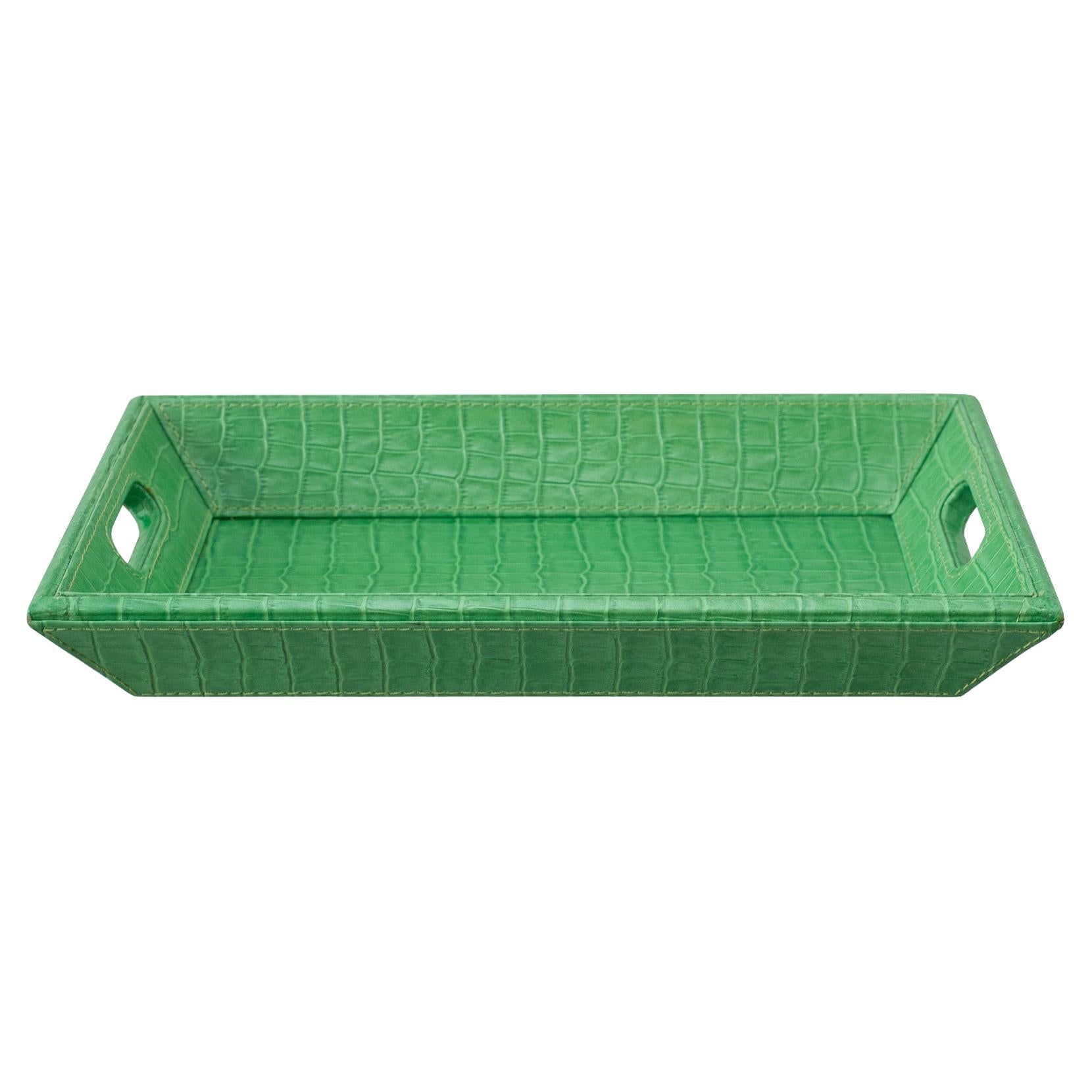 Zeitgenössisches hellgrünes Leder mit Krokodilprägung Rechteckiges Tablett 