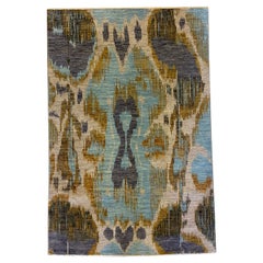 Contemporary Bright Indian Ikat Wool Rug in Blue, Gold, Gray, and Cream, 4' x 6'