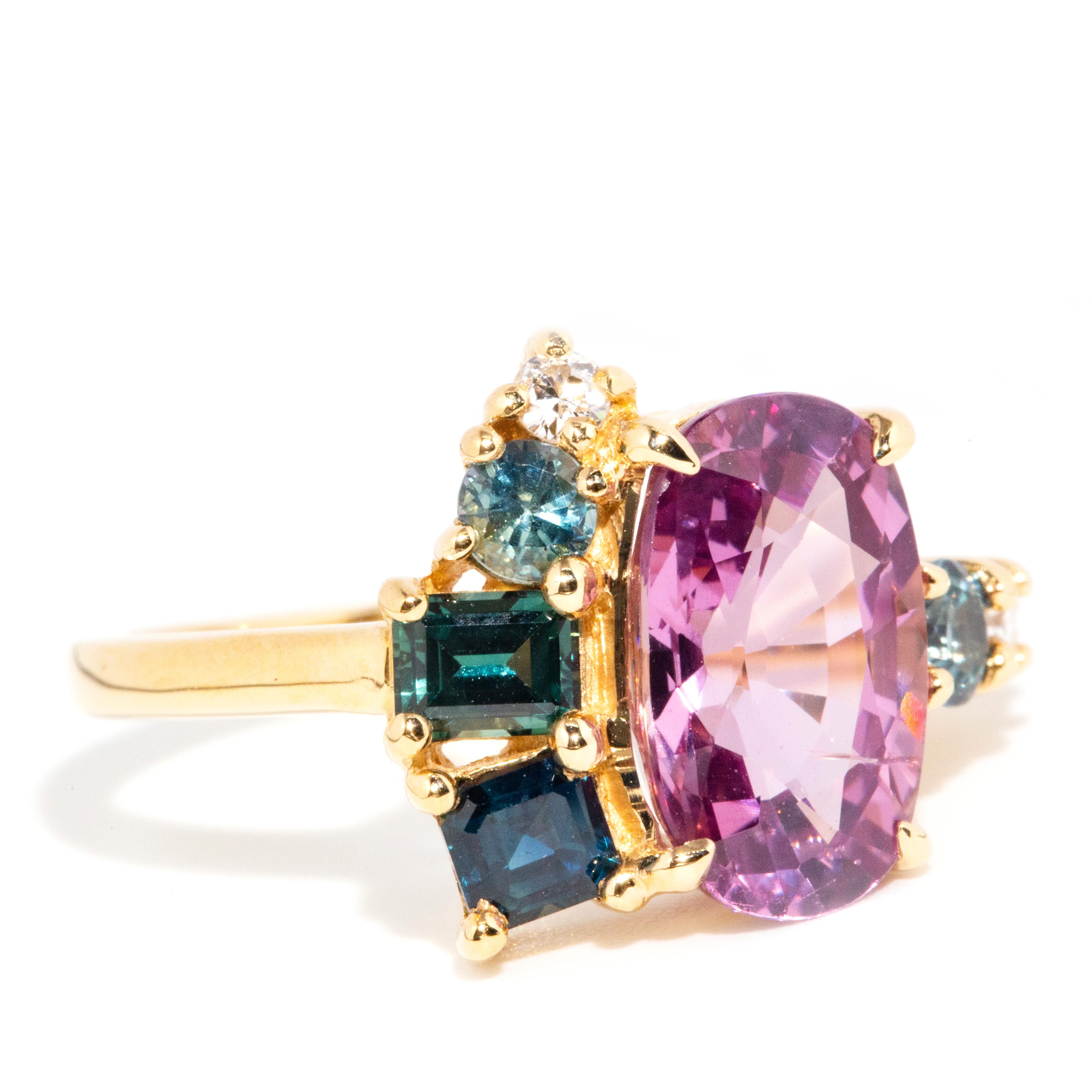 Oval Cut Contemporary Bright Pink Spinel Sapphire and Diamond 18 Carat Yellow Gold Ring