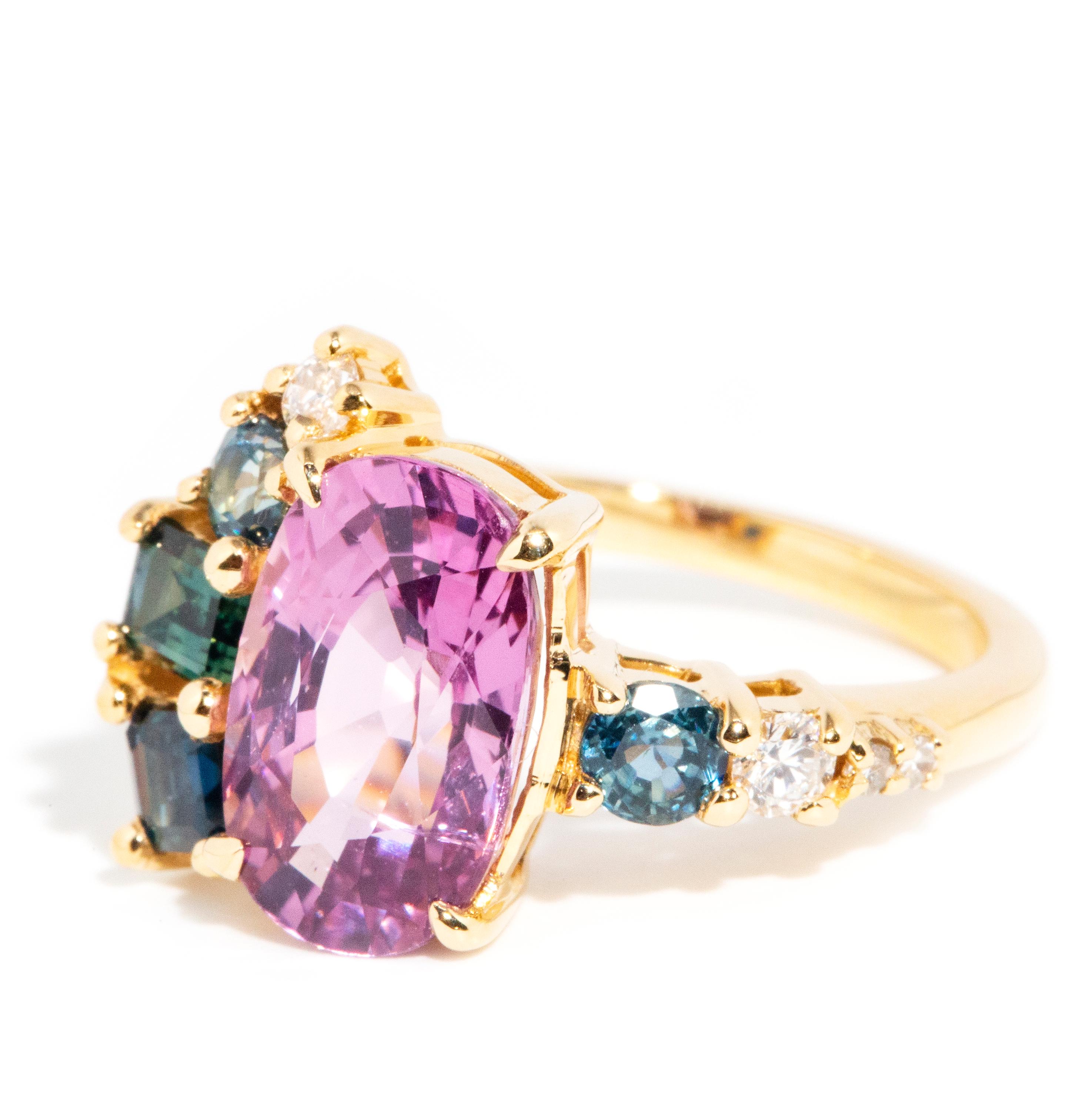 Women's Contemporary Bright Pink Spinel Sapphire and Diamond 18 Carat Yellow Gold Ring