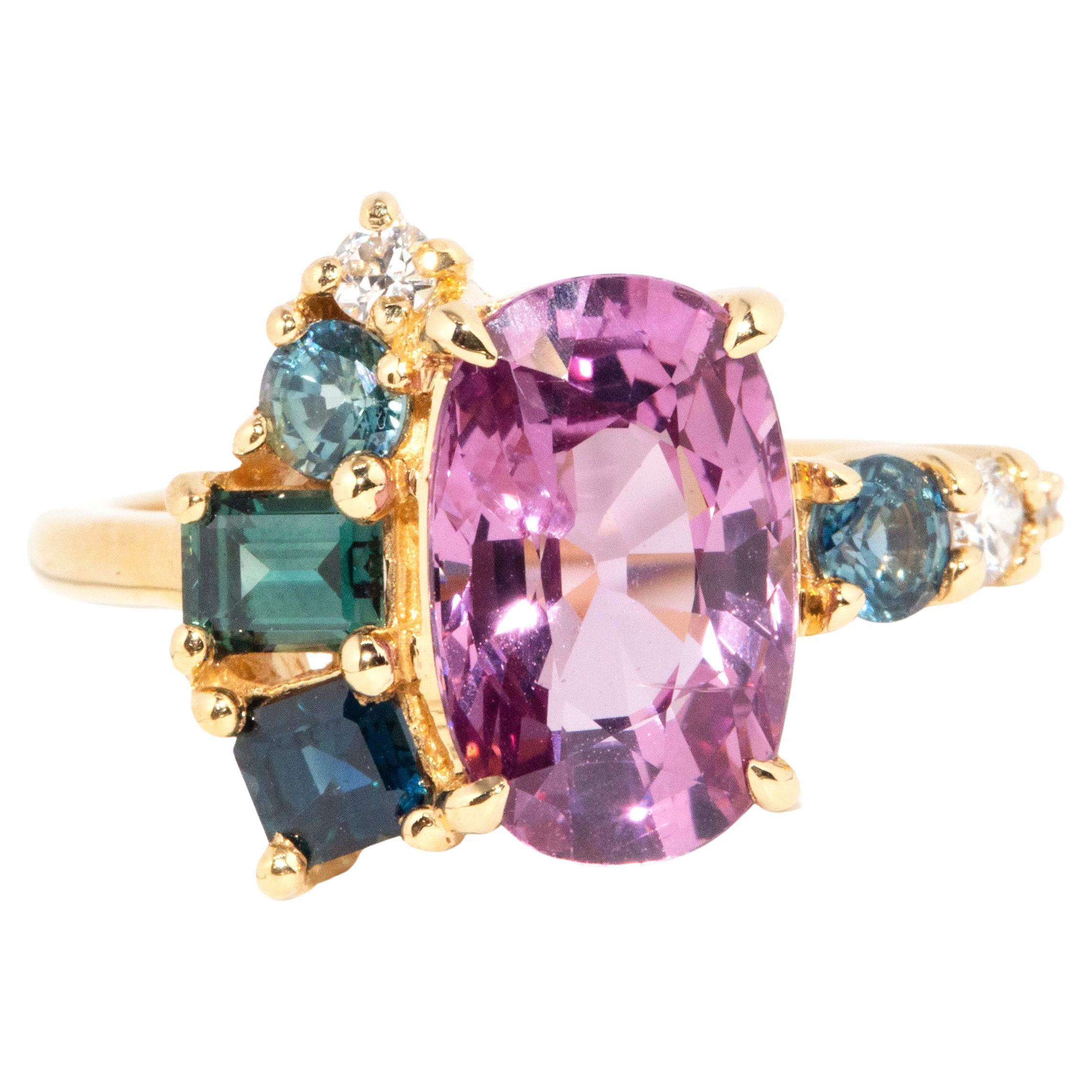 Contemporary Bright Pink Spinel Sapphire and Diamond 18 Carat Yellow Gold Ring