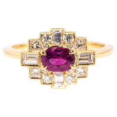 Used Contemporary Bright Red Ruby & Brilliant Diamond Halo RIng 18 Carat Yellow Gold