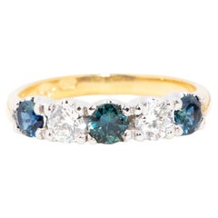 Vintage Contemporary Bright Teal Sapphire & Diamond Ring 18 Carat Yellow & White Gold