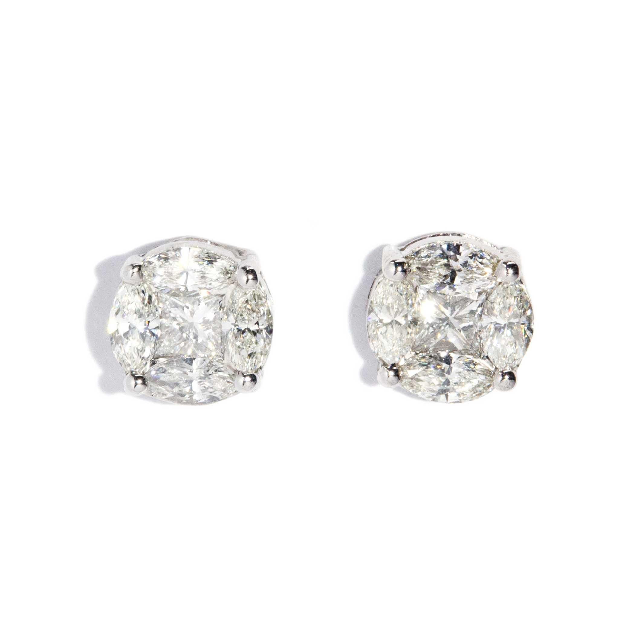 Princess Cut Contemporary Brilliant Diamond Cluster Studs 18 Carat White Gold For Sale