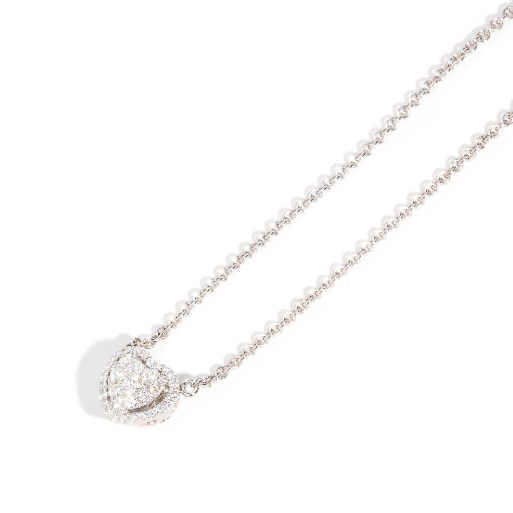Brilliant Cut Contemporary Brilliant Diamond Heart Pendant & Cable Chain 18 Carat White Gold For Sale