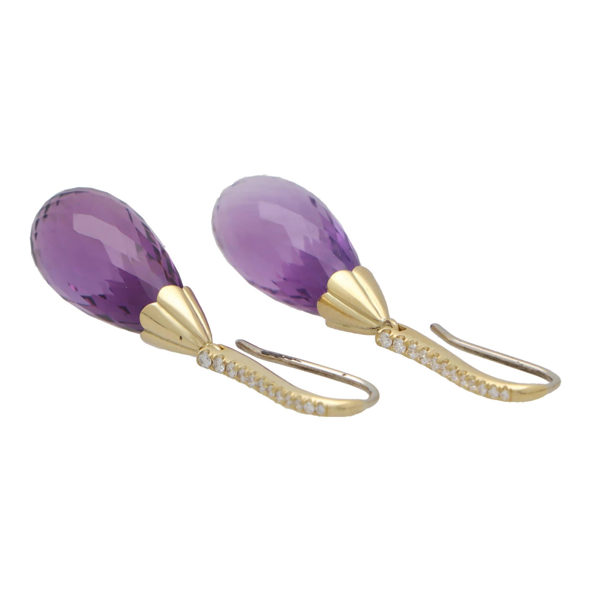 Contemporary Briolette Cut Amethyst and Diamond Drop Earrings In Excellent Condition In London, GB