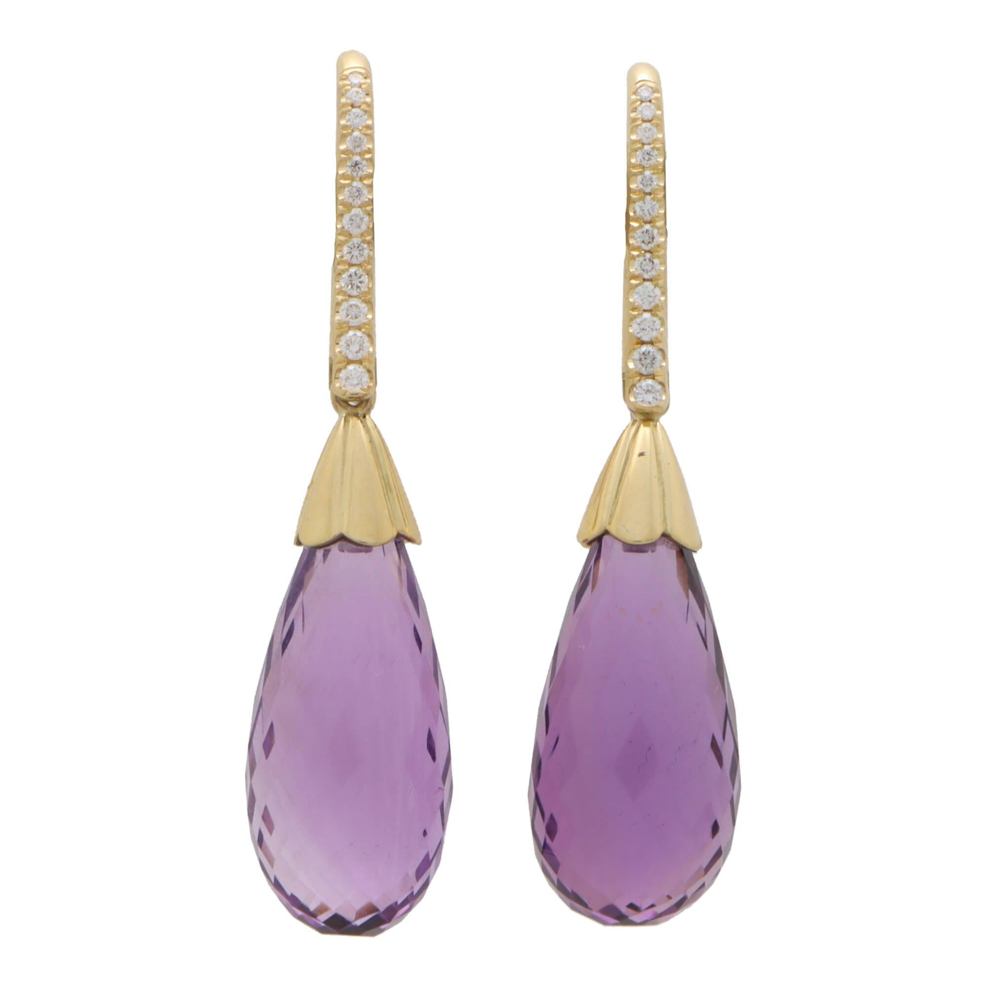 Contemporary Briolette Cut Amethyst and Diamond Drop Earrings