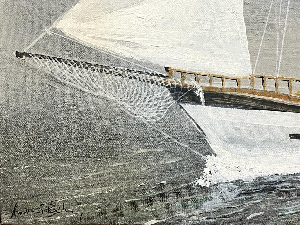 Classic Sailing Yachts Modern British Grey Boats At Sea Landscape - Abstract Painting by Contemporary British 