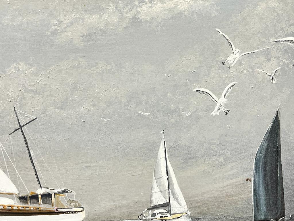 Classic Sailing Yachts Modern British Grey Boats At Sea Landscape - Gray Figurative Painting by Contemporary British 