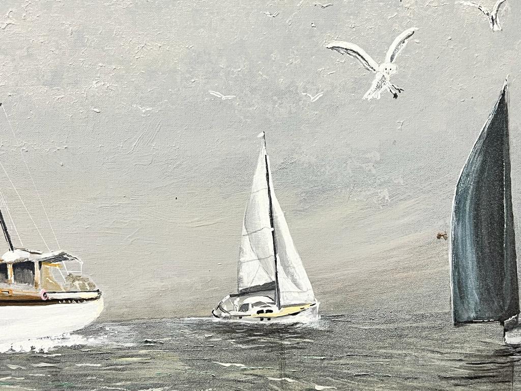 Classic Sailing Yachts Modern British Grey Boats At Sea Landscape For Sale 1