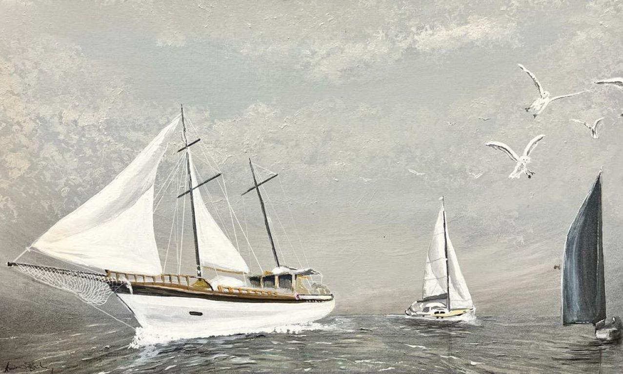 Contemporary British  Figurative Painting - Classic Sailing Yachts Modern British Grey Boats At Sea Landscape