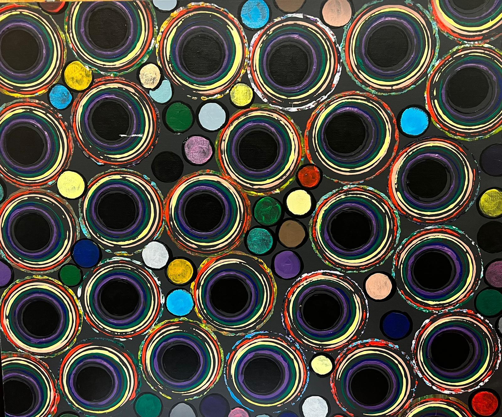 Abstract Painting di Contemporary British  - Modern Color britannico cerchi neri cerchi interni espressione