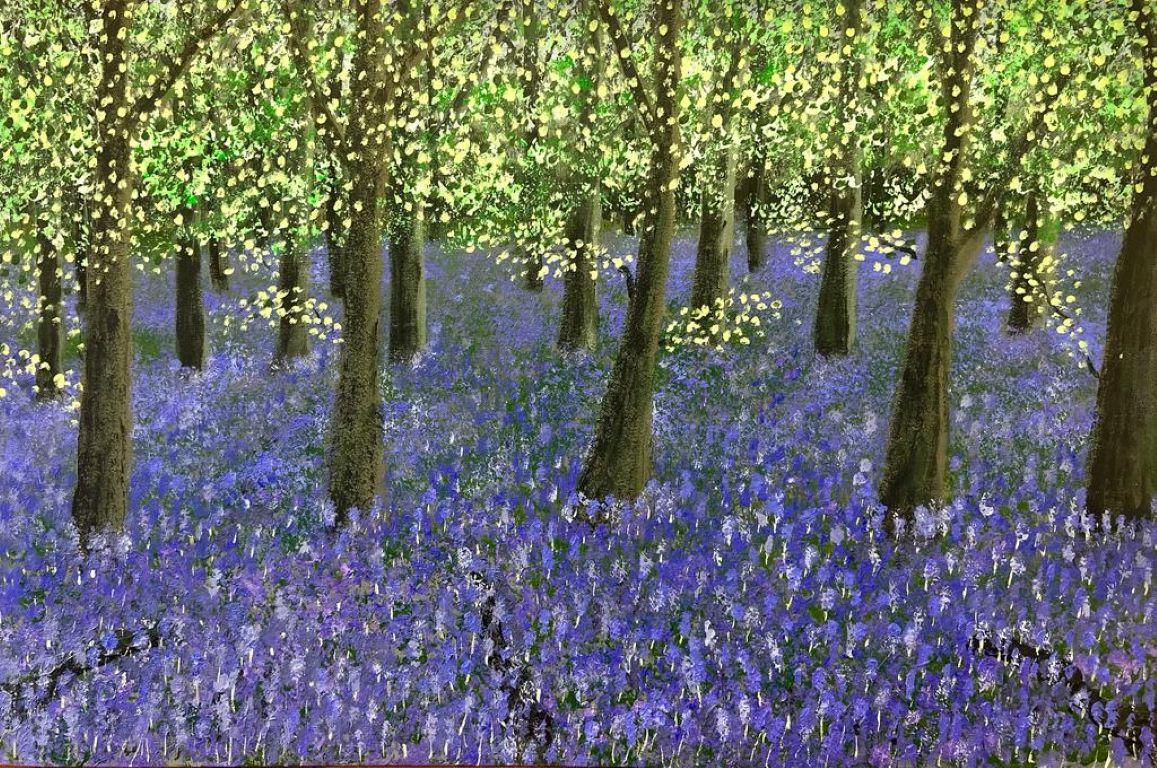 Contemporary British  Landscape Painting - Colourful Modern British Blue Bell Forest Landscape Symbolist Painting 