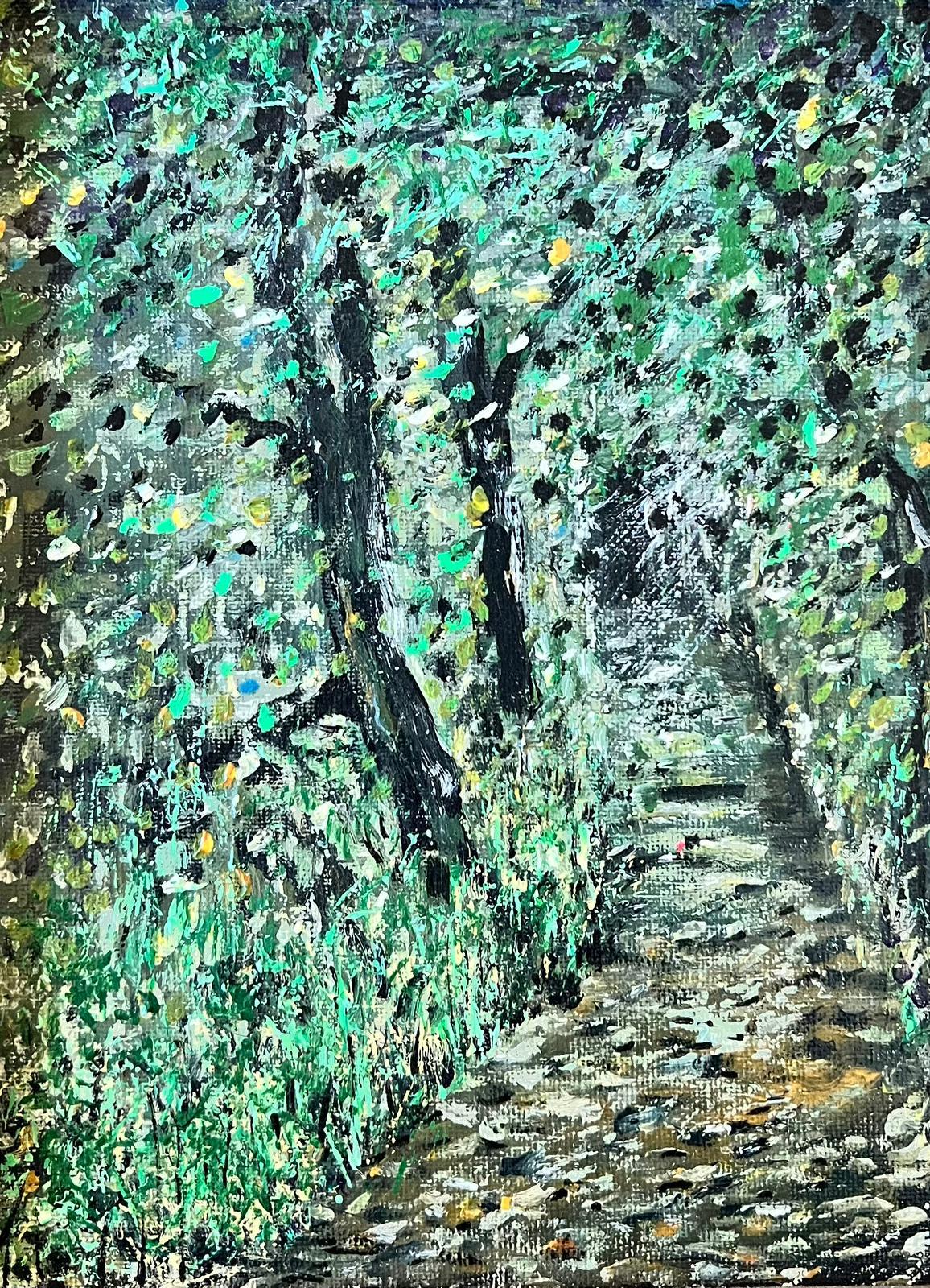 Pittura Modern British astratta, colorata e soleggiata, sentiero nel bosco - Painting di Contemporary British 