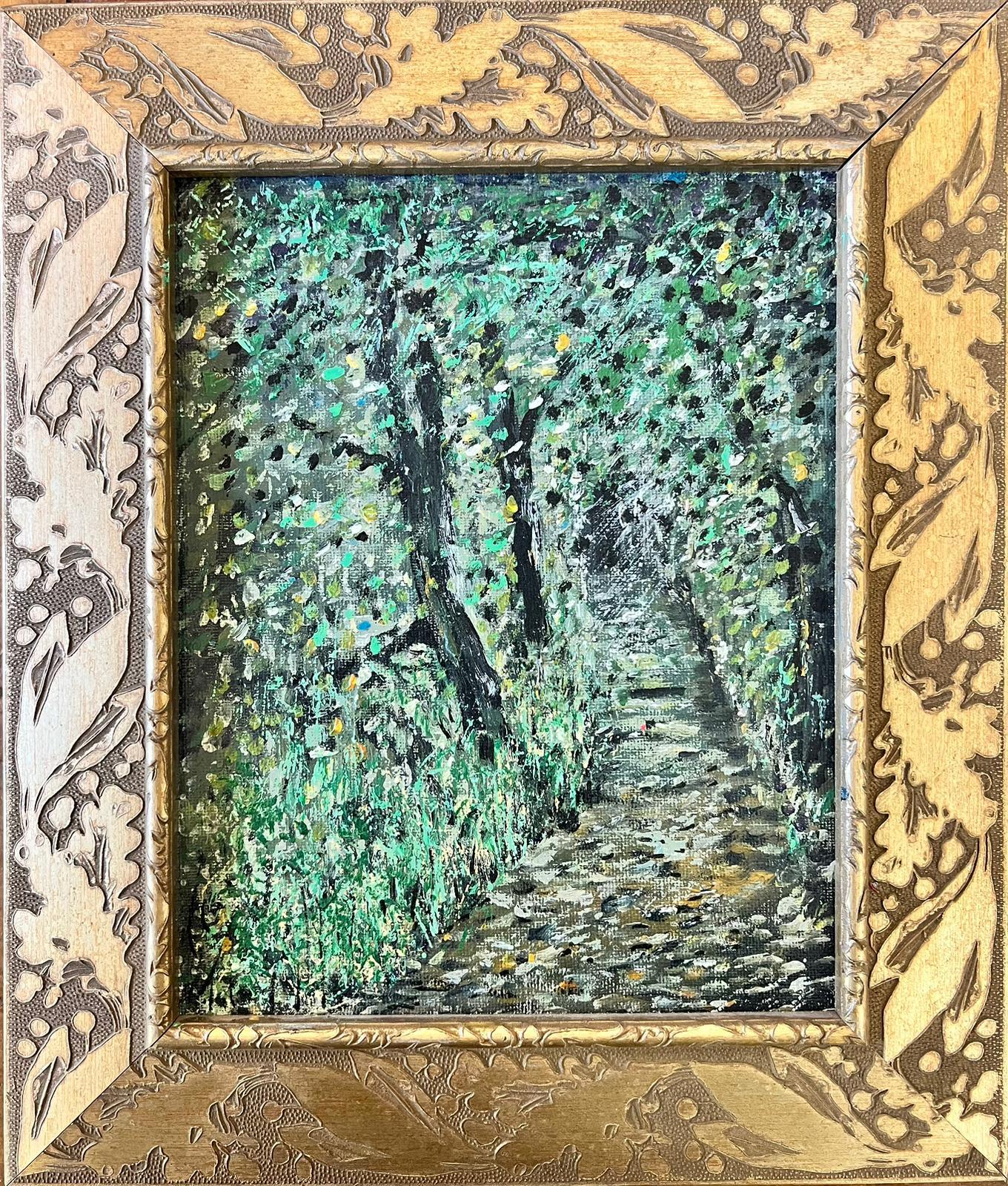 Landscape Painting di Contemporary British  - Pittura Modern British astratta, colorata e soleggiata, sentiero nel bosco