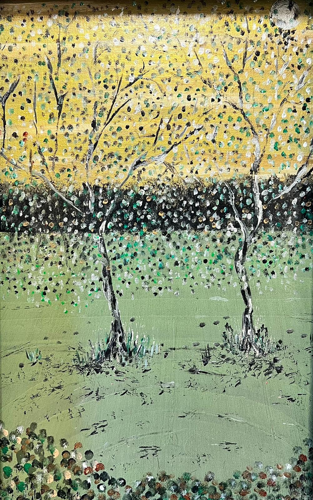 Peinture britannique moderne colorée Blossom Trees Polka Dots  - Painting de Contemporary British 