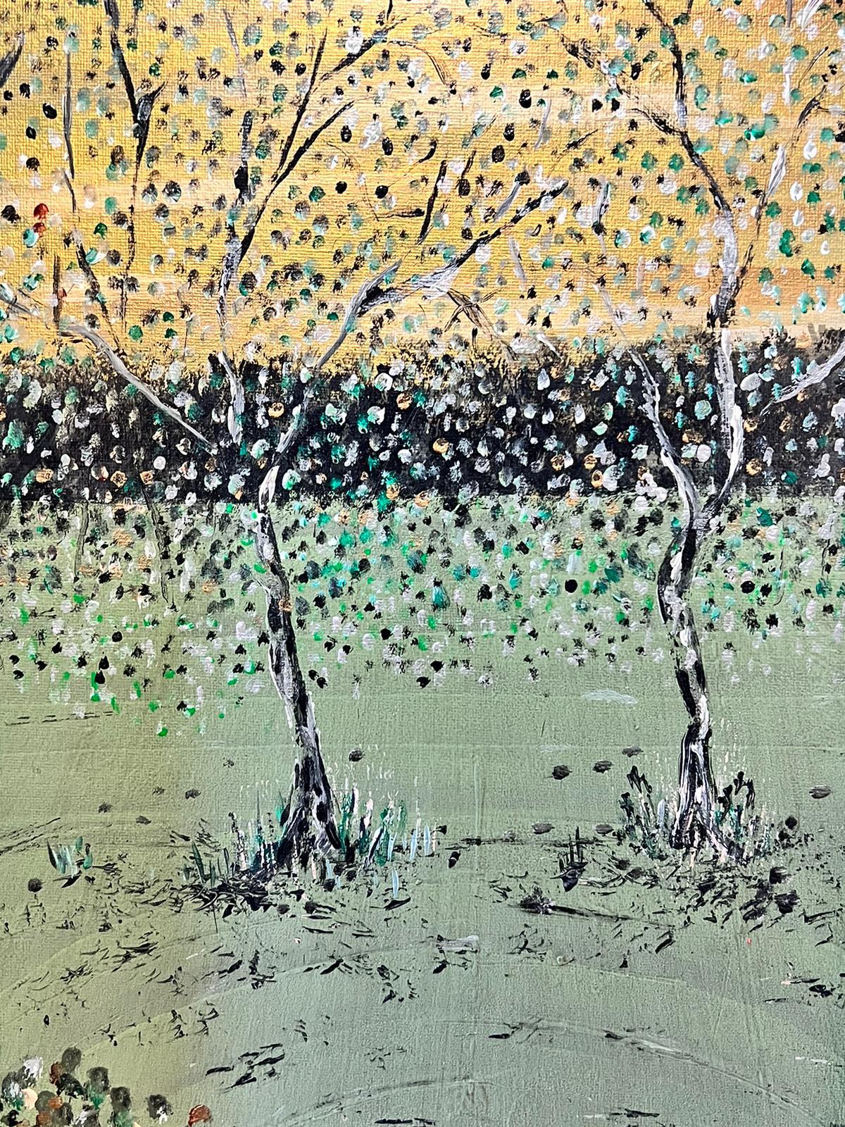 Peinture britannique moderne colorée Blossom Trees Polka Dots  en vente 1