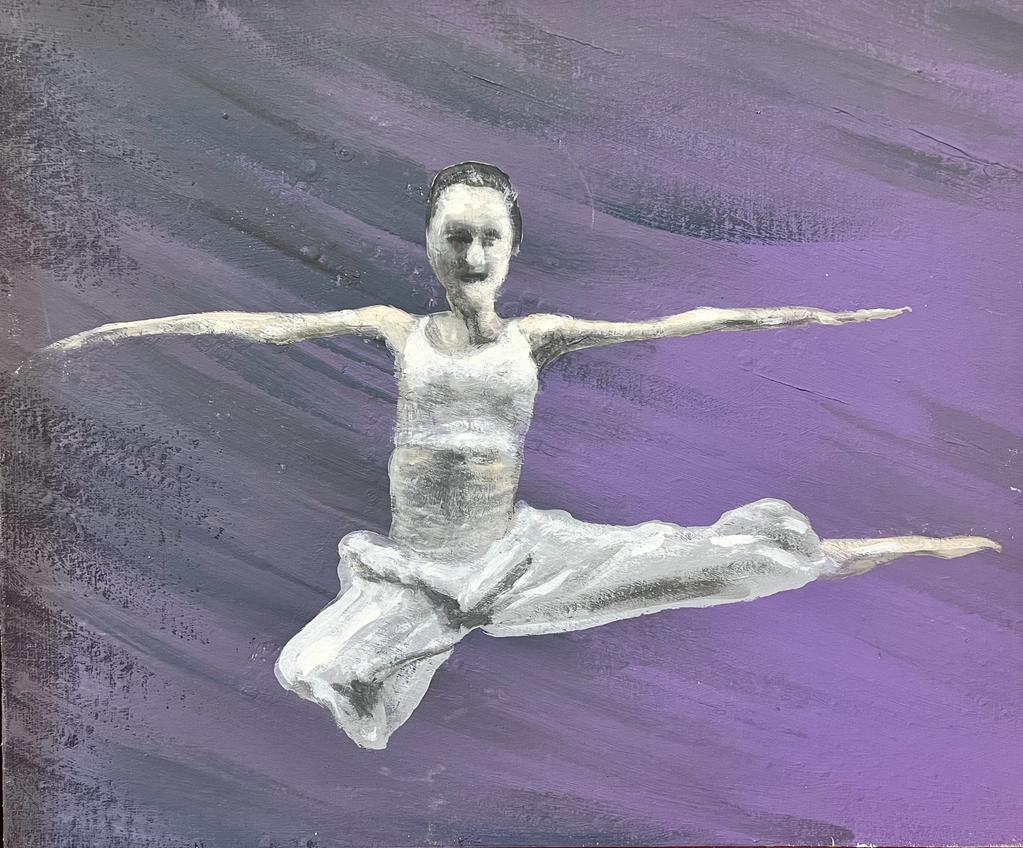 Contemporary British  Portrait Painting - Colourful Modern British Painting The Dancer White against Purple background 