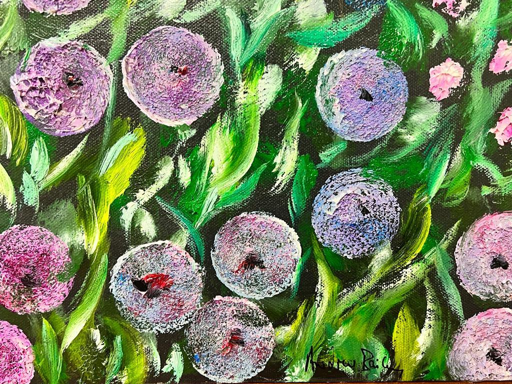 Ein farbenfrohes modernes britisches rundes, helles Blumen Bush-Gemälde  (Abstrakt), Painting, von Contemporary British 