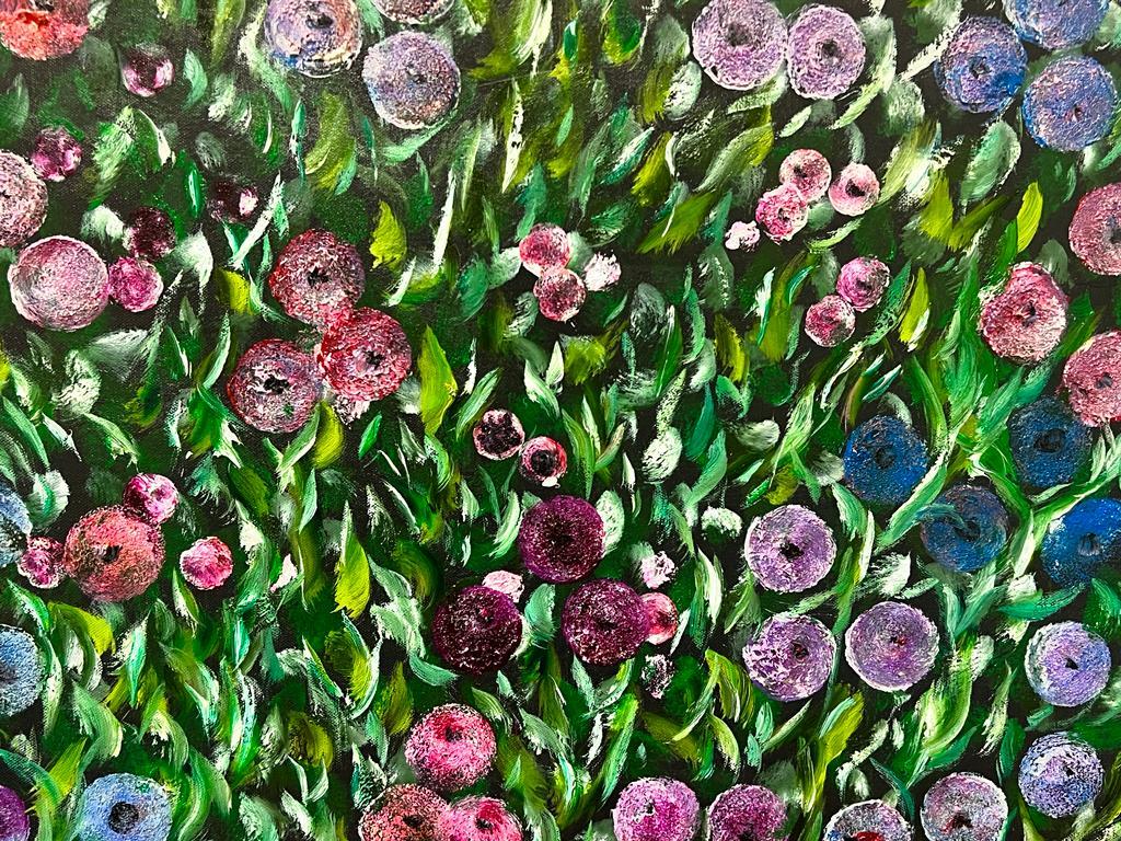 Ein farbenfrohes modernes britisches rundes, helles Blumen Bush-Gemälde  im Angebot 1