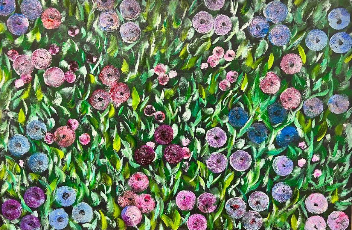 Contemporary British  Landscape Painting – Ein farbenfrohes modernes britisches rundes, helles Blumen Bush-Gemälde 