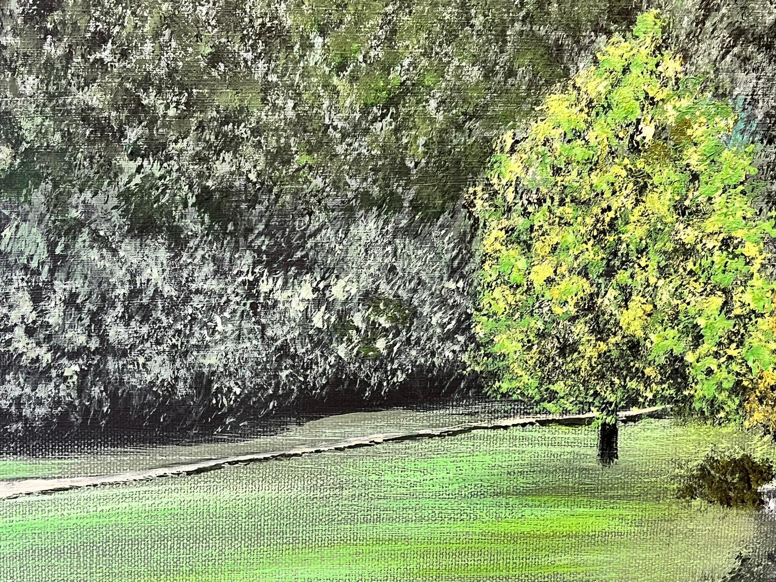 Colorato quadro Modern British di grandi dimensioni con parco classico, lago e tempio - Painting di Contemporary British 