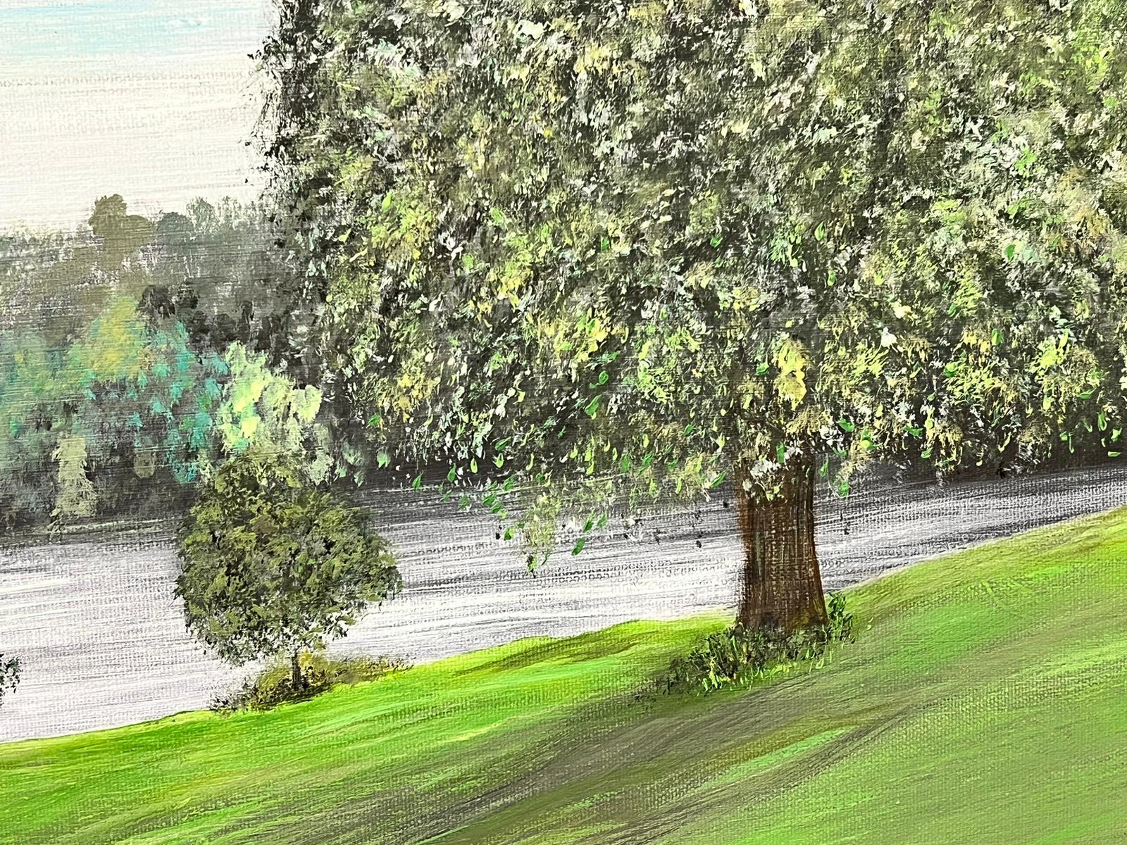 Colorato quadro Modern British di grandi dimensioni con parco classico, lago e tempio - Painting Moderno di Contemporary British 