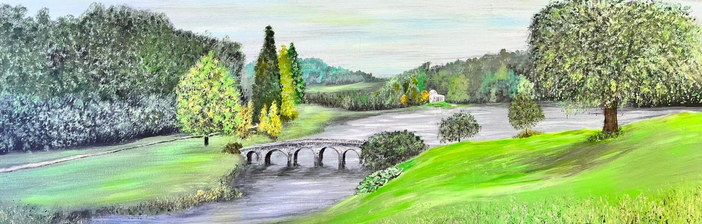 Landscape Painting di Contemporary British  - Colorato quadro Modern British di grandi dimensioni con parco classico, lago e tempio