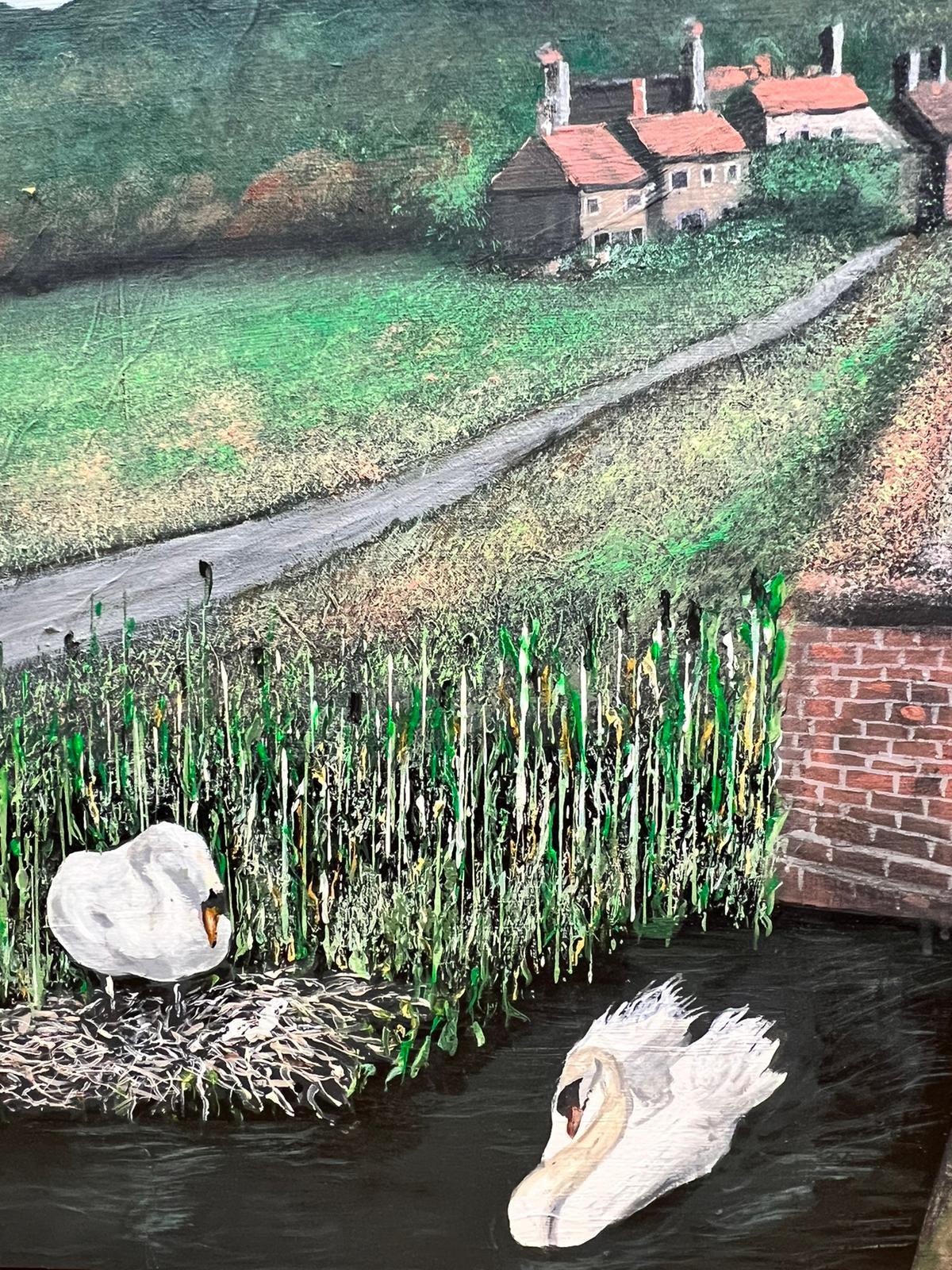 Peinture à l'huile moderniste britannique colorée représentant des cygnes sur une rivière au large d'une campagne - Painting de Contemporary British 