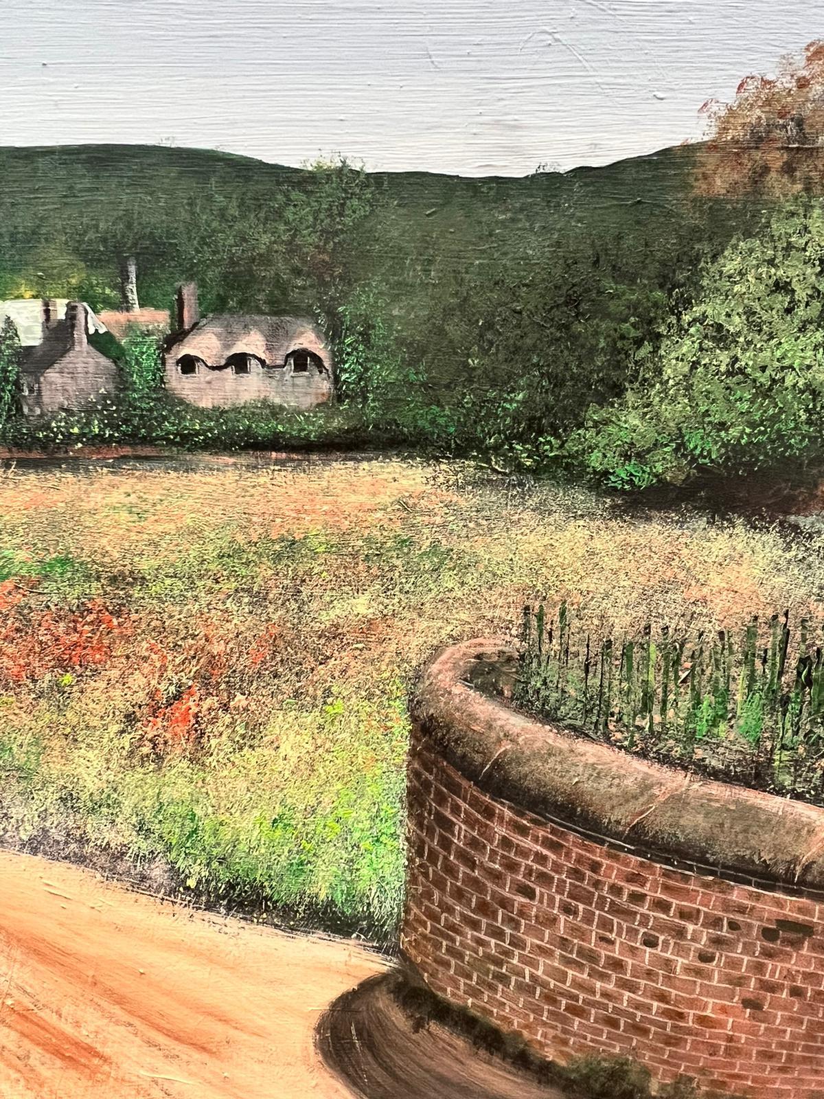 Peinture à l'huile moderniste britannique colorée représentant des cygnes sur une rivière au large d'une campagne - Moderne Painting par Contemporary British 