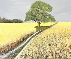 Contemporary British Oil Painting Golden Field and Lone Solitary Tree Landscape