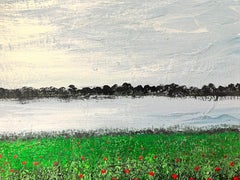Contemporary Modern British Oil Painting Poppy Fields by River Large Skies