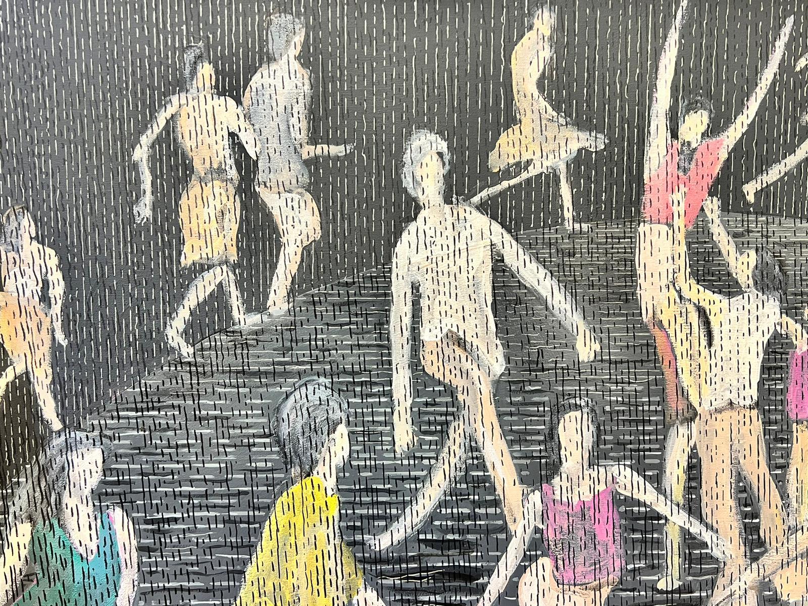 Gran pintura británica abstracta contemporánea Grupo de figuras bailando - Abstract Painting Gris de Contemporary British 