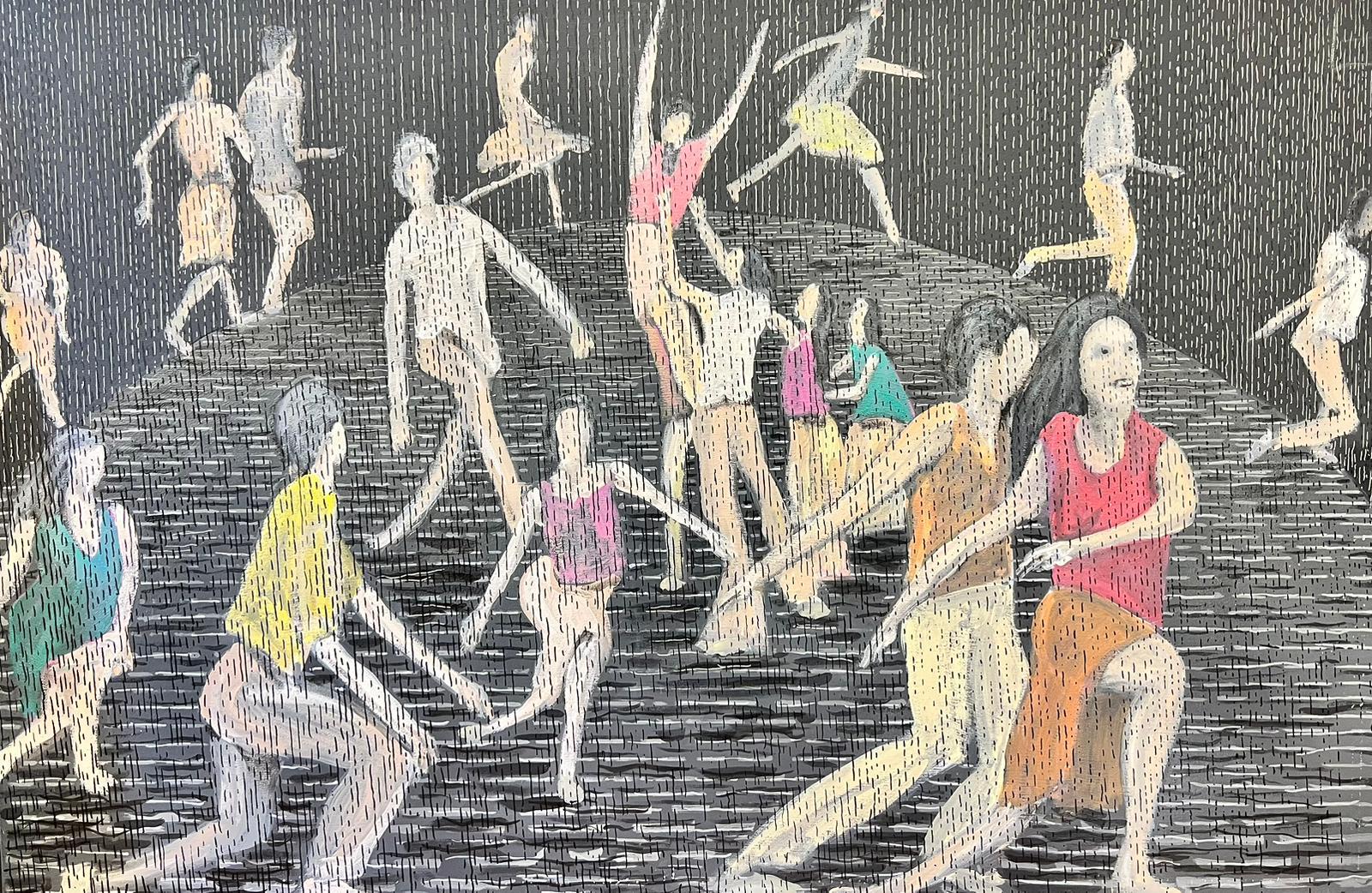 Contemporary British  Abstract Painting - Large British Abstract Contemporary Painting Dancing Group of Figures