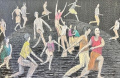 Gran pintura británica abstracta contemporánea Grupo de figuras bailando