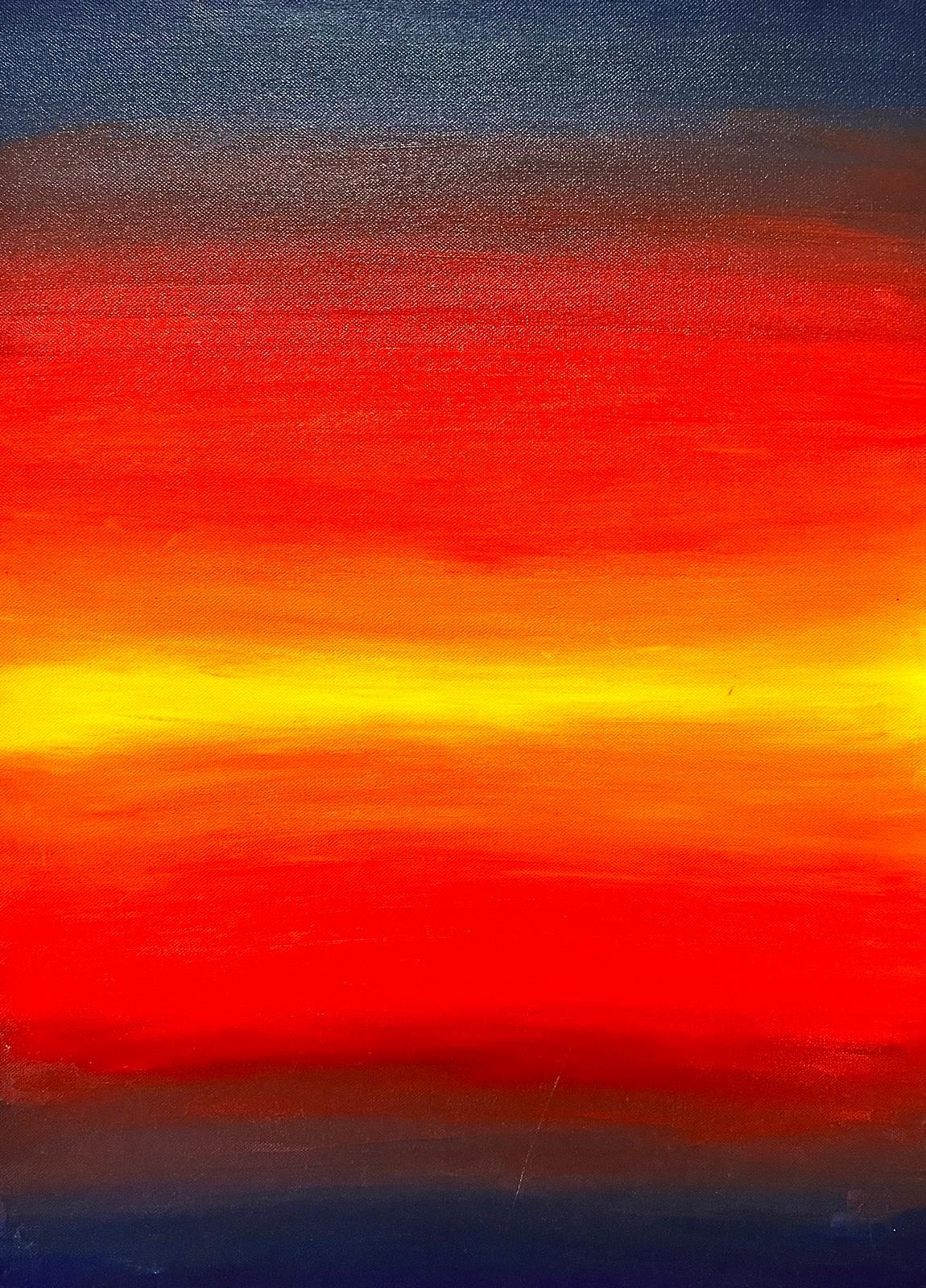 Contemporary British  Landscape Painting – Großes zeitgenössisches britisches modernistisches Gemälde mit Sonnenuntergang und Farbblaze