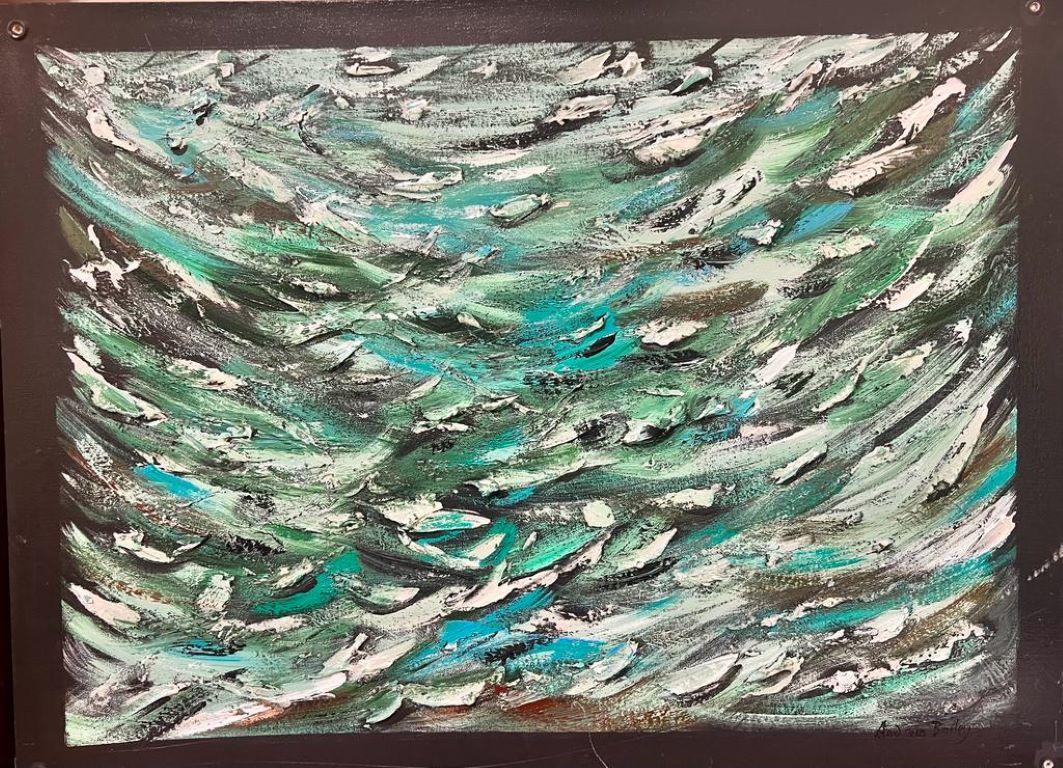 Large Modern British Abstract Painting - Thick Green and White On Black For Sale 1