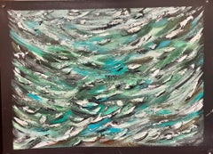 Large Modern British Abstract Painting - Thick Green and White On Black